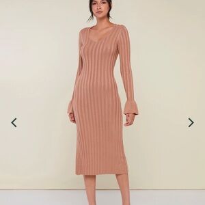 NWT Rachel Parcell WIDE RIB SWEATER DRESS camel brown bell sleeve slit ribbed
